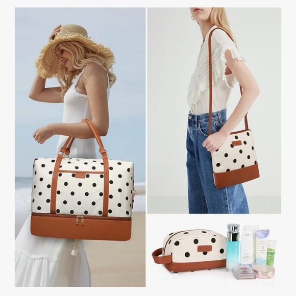 NWT Polka Dot Weekend Travel Bag Set in White & Brown - Picture 2 of 7